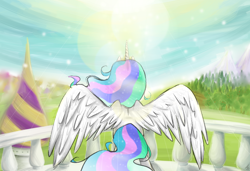 Size: 1900x1300 | Tagged: safe, artist:hahasauce, princess celestia, alicorn, pony, balcony, crepuscular rays, female, mare, rear view, solo, spread wings, sun, wings