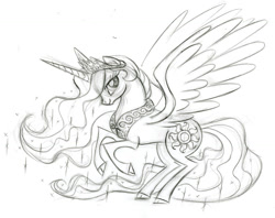 Size: 900x714 | Tagged: safe, artist:lauren faust, princess celestia, alicorn, pony, behind the scenes, cloven hooves, color me, concept art, female, lineart, mare, monochrome, rearing, sketch, solo, spread wings, wings