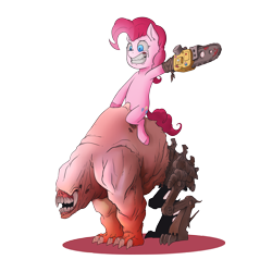 Size: 3000x3000 | Tagged: safe, artist:raph13th, derpibooru import, pinkie pie, earth pony, pony, chainsaw, crossover, doom, doom 3, evil dead, pinky demon, riding, simple background, transparent background