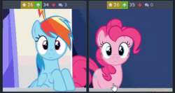 Size: 491x263 | Tagged: safe, screencap, pinkie pie, rainbow dash, earth pony, pegasus, pony, 28 pranks later, animated, blinking, cropped, cursor, cute, derpibooru, female, forced juxtaposition, friendship throne, frown, gif, juxtaposition, juxtaposition win, looking at you, mare, meme, meta, open mouth, raised hoof, shocked, surprised, wide eyes