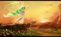 Size: 1440x873 | Tagged: safe, artist:quizzicalkisses, princess celestia, butterfly, human, barefoot, clothes, dress, feet, female, fire, flower, humanized, magic, off shoulder, scenery, smiling, solo, spread wings, sun, sunrise, winged humanization