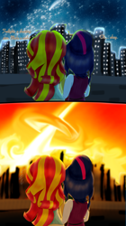 Size: 1024x1829 | Tagged: safe, artist:jabbie64, sci-twi, sunset shimmer, twilight sparkle, equestria girls, asteroid, building, city, comet, counterparts, cute, dark comedy, death, doom, female, fire, funny, impact, implied death, joke, lesbian, lights, meteor, night, scitwishimmer, shipping, skyline, stars, sunset's counterparts, sunsetsparkle, twilight's counterparts