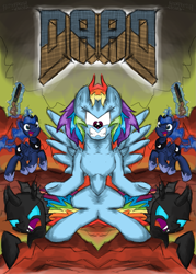 Size: 993x1386 | Tagged: safe, artist:flutterthrash, derpibooru import, edit, princess luna, rainbow dash, alicorn, changeling, pegasus, pony, do princesses dream of magic sheep, daad, dood, doom, gun, hssh, mirrored, moom, parody, parody of a parody, shotgun, unitinu, wat, weapon