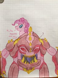Size: 1024x1365 | Tagged: safe, artist:unkownbrony52, derpibooru import, pinkie pie, earth pony, pony, crossover, doom, doom 2016, doom 4, graph paper, lined paper, pinky demon, traditional art