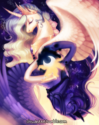 Size: 685x870 | Tagged: safe, artist:cloudedart, princess celestia, princess luna, alicorn, pony, contrast, curved horn, duality, duo, eyes closed, female, horn, mare, profile