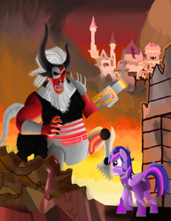 Size: 786x1017 | Tagged: safe, artist:spellboundcanvas, lord tirek, twilight sparkle, twilight sparkle (alicorn), alicorn, cyborg, pony, robot, apocalypse, armor, canterlot, canterlot castle, cyberdemon, destroyed, destruction, doom, epic, fight, fire, gun, ruins, shit just got real, tired, wasteland, weapon