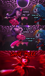 Size: 995x1679 | Tagged: safe, edit, edited screencap, screencap, rainbow dash, twilight sparkle, equestria girls, :<>, bring me to life, clothes, dance off, dancing, disco ball, doll, doom, dress, equestria girls minis, eqventures of the minis, evanescence, eye contact, frown, jumping, lidded eyes, looking at each other, open mouth, outstretched arms, song reference, text, toy, trophy, wake me up inside, wat, wide eyes