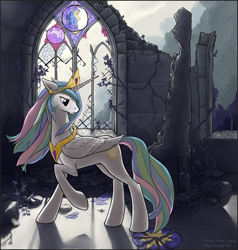 Size: 1644x1729 | Tagged: safe, artist:marbleyarns, princess celestia, alicorn, pony, castle of the royal pony sisters, female, looking back, mare, raised hoof, ruins, sad, solo