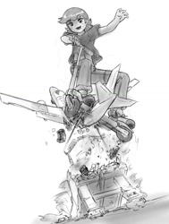 Size: 928x1227 | Tagged: safe, artist:alloyrabbit, scootaloo, equestria girls, clothes, destruction, giantess, macro, midriff, monochrome, open mouth, pants, plane, ramp, riding, scooter, shirt, shoes, solo