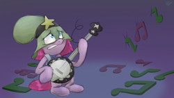 Size: 1366x768 | Tagged: safe, artist:chibadeer, derpibooru import, pinkie pie, earth pony, pony, banjo, crossover, doom, equestria is doomed, hat, impending doom, mask, music notes, musical instrument, oh no, parody, pinkamena diane pie, reference, solo, song parody, song reference, string break, superhero, the boy wander, this will not end well, uh oh, wander over yonder, we're all doomed, weak, xk-class end-of-the-world scenario, you monster