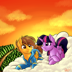 Size: 4000x4000 | Tagged: safe, artist:rubywave32, twilight sparkle, twilight sparkle (alicorn), oc, oc:compylight, alicorn, pegasus, pony, absurd resolution, clothes, cloud, male, prone, stallion, sunset, wonderbolts uniform