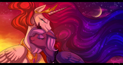 Size: 1050x560 | Tagged: safe, artist:heilos, princess celestia, princess luna, alicorn, pony, :t, alternate hair color, crescent moon, crying, duality, duo, duo female, ethereal mane, eyes closed, eyeshadow, female, floppy ears, gradient mane, happy, heart, jewelry, makeup, mare, moon, neck nuzzle, night, nuzzling, peytral, red mane, s1 luna, sisters, sitting, smiling, snuggling, sparkles, starry mane, stars, sunset, tears of joy, tiara, wing fluff