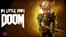 Size: 3840x2160 | Tagged: safe, artist:tsaritsaluna, derpibooru import, applejack, earth pony, pony, bipedal, doom, doomguy, gun, looking at you, ponified, praetor suit, shotgun, super shotgun, weapon