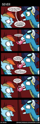 Size: 1675x5200 | Tagged: safe, artist:zsparkonequus, pinkie pie, rainbow dash, soarin', earth pony, pegasus, pony, rarity investigates, alien (franchise), breaking the fourth wall, comic, dialogue, female, forever, goggles, male, mare, micro, open mouth, reverse vore, shrunken pupils, speech bubble, stallion, sweat, sweatdrops, wat