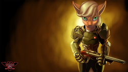 Size: 3840x2160 | Tagged: safe, artist:tsaritsaluna, derpibooru import, applejack, earth pony, pony, bipedal, doom, doomguy, gun, looking at you, ponified, praetor suit, shotgun, super shotgun, weapon