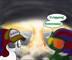 Size: 1748x1475 | Tagged: safe, oc, oc only, oc:happy enning, oc:mai gaia, pony, /mlpol/, celebration, cloud, confused, doom, doom paul, duo, dust, dust cloud, excited, exploitable meme, explosion, fallout, female, fire, goggles, happy, hat, irony, it's happening, make america great again, make equestria great again, male, mare, meme, nervous, shadow, shockwave, sky, smoke, soot, stallion, startled, thermonuclear blast, wind