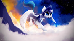 Size: 3937x2215 | Tagged: safe, artist:thefloatingtree, oc, oc only, oc:tubular bell, pegasus, pony, flying, mountain, solo, stars, twilight (astronomy)