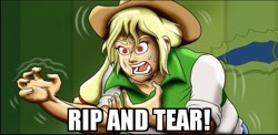 Size: 573x280 | Tagged: safe, artist:atariboy2600, applejack, comic:the amazonian effect ii, equestria girls, angry, canterlot high, clothes, cowboy hat, cropped, doom, doom comic, doomguy, exploitable meme, hat, lockers, meme, open mouth, rage, reference, rip and tear, stetson, video game reference