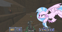 Size: 1707x881 | Tagged: safe, artist:digimonlover101, silverstream, classical hippogriff, hippogriff, school daze, console doom, doom, doom wad, female, flying, gmota, gun, image macro, jewelry, lidded eyes, meme, necklace, shotgun, simple background, solo, stairs, that hippogriff sure does love stairs, vector, video game, weapon