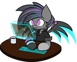 Size: 2000x1598 | Tagged: safe, artist:ren, oc, oc only, oc:keyphrase, cyborg, pegasus, pony, amputee, augmented, clothes, coffee cup, commission, cup, cutie mark, cyberpunk, doom, female, holographic keyboard, holographic screen, jacket, multicolored mane, neon, prosthetic limb, prosthetic wing, prosthetics, simple background, solo, table, transparent background, video game, wings