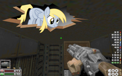 Size: 960x600 | Tagged: artist needed, source needed, safe, derpy hooves, pegasus, pony, the last roundup, breaking the fourth wall, ceiling pony, cute, derpabetes, doom, doom 2, eviternity, female, game, gun, mare, matryoshka, meme, minigun, offscreen character, pov, russian overkill, scrunchy face, silly, simple background, solo, transparent background, vector, video game, weapon
