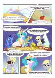 Size: 1250x1769 | Tagged: safe, artist:equestria-prevails, derpy hooves, princess celestia, princess luna, alicorn, pegasus, pony, comic, eyepatch, female, food, general derpy, map, mare, s1 luna, sandwich, tent