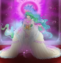 Size: 1899x1984 | Tagged: safe, artist:sparkly-monster, princess celestia, human, clothes, dress, female, glow, humanized, solo
