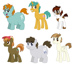 Size: 7213x6358 | Tagged: safe, artist:aleximusprime, button mash, featherweight, pipsqueak, snails, snips, truffle shuffle, earth pony, pegasus, pony, unicorn, adult, chubby, facial hair, fat, goatee, grown ups, hat, male, older, show accurate, slim, stallion, tall, teenager, thin