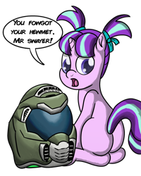 Size: 2400x3000 | Tagged: safe, artist:saburodaimando, starlight glimmer, pony, unicorn, butt, cute, doom, doomguy, female, filly, filly starlight glimmer, helmet, implied doomguy, plot, simple background, sitting, solo, transparent background, younger