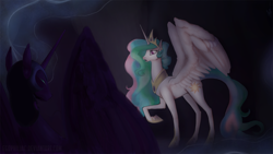 Size: 1600x903 | Tagged: safe, artist:egophiliac, nightmare moon, princess celestia, alicorn, pony, duo, duo female, female, mare, raised hoof