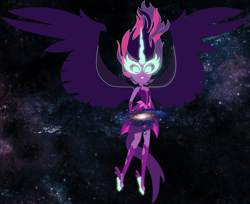 Size: 2500x2037 | Tagged: safe, midnight sparkle, sci-twi, twilight sparkle, equestria girls, friendship games, artificial wings, augmented, clothes, dress, galaxy, glowing eyes, glowing horn, goddess, grin, horn, macro, magic, magic wings, milky way galaxy, smiling, solo, space, spread wings, wings