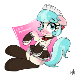 Size: 1000x1000 | Tagged: safe, artist:doriponi, artist:yorozpony, coco pommel, earth pony, pony, blushing, clothes, female, maid, mare, panties, simple background, solo, underwear, white background