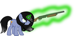 Size: 1856x878 | Tagged: safe, artist:isaac_pony, oc, oc:shainer, oc:shainer shrapnel shock, pony, unicorn, doom equestria, angry, black mane, cutie mark, doom, female, green eyes, green magic, gun, magic, shotgun, simple background, solo, transparent background, vector, weapon