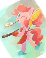 Size: 837x1063 | Tagged: safe, artist:sibashen, pinkie pie, earth pony, pony, apron, bipedal, blushing, bow, clothes, dialogue, egg (food), food, frying pan, hair bow, looking at you, music notes, one eye closed, slippers, smiling, solo, spatula, wink