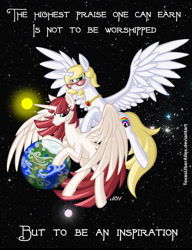 Size: 720x937 | Tagged: safe, artist:texasuberalles, oc, oc only, oc:bonniecorn, oc:fausticorn, pony, all-mother of creation, bonnie zacherle, creation, earth, giant pony, goddess, lauren faust, macro, moon, pony bigger than a planet, stars, sun, tangible heavenly object