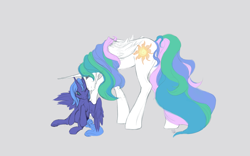 Size: 1044x650 | Tagged: safe, artist:noel, princess celestia, princess luna, alicorn, pony, duo, female, mare, nuzzling, s1 luna, sisters