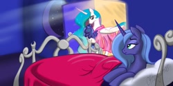 Size: 1280x640 | Tagged: safe, artist:calicopikachu, princess celestia, princess luna, alicorn, pony, bed, clothes, duo, fanfic art, female, mare, nightgown, on side, pajamas, plushie, s1 luna