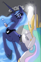 Size: 1024x1546 | Tagged: safe, artist:hinoraito, princess celestia, princess luna, alicorn, pony, bubble pipe, deerstalker, duo, female, hat, mare