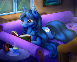 Size: 5000x4000 | Tagged: safe, artist:klarapl, oc, oc only, oc:blossom oak, earth pony, pony, absurd resolution, beverage, book, cup, female, indoors, looking down, mare, reading, sofa, solo, table, window