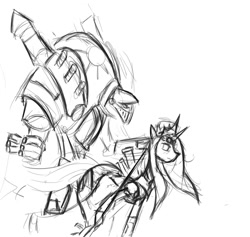 Size: 950x900 | Tagged: safe, artist:d715, princess celestia, alicorn, pony, crossover, female, iron kingdoms, mare, monochrome, sketch, thunderhead, warjack, warmachine, wip