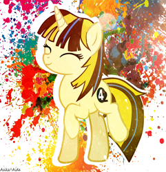 Size: 2845x2950 | Tagged: safe, artist:asika-aida, oc, oc only, oc:paradox nebula, pony, unicorn, commission, cute, eyes closed, female, mare, raised hoof, signature, smiling, solo