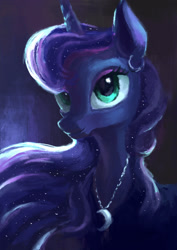 Size: 1240x1754 | Tagged: safe, artist:plainoasis, princess luna, alicorn, pony, bust, eyeshadow, jewelry, lidded eyes, makeup, missing accessory, necklace, portrait, simple background, smiling, solo