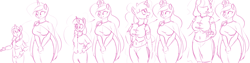 Size: 2800x700 | Tagged: safe, artist:goat train, princess celestia, twilight sparkle, anthro, breasts, clothes, expansion, female, growth, headlight sparkle, lesbian, macro, magic, monochrome, princess breastia, progression, shipping, sketch, smirk, torn clothes, twilestia, wardrobe malfunction, wide hips