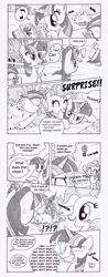 Size: 1245x3168 | Tagged: safe, artist:lumdrop, pinkie pie, princess celestia, twilight sparkle, alicorn, earth pony, human, pony, unicorn, balloon, basket, book, comic, crossover, female, mare, milky way (milky way and the galaxy girls), milky way and the galaxy girls, monochrome, prank, trollestia, twilight is not amused, unamused