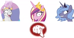 Size: 2518x1316 | Tagged: safe, princess cadance, princess celestia, princess luna, alicorn, pony, decadence, female, lunaughty, mare, me?, princess molestia, s1 luna