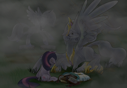 Size: 904x626 | Tagged: safe, artist:imp-oster, princess celestia, princess luna, twilight sparkle, alicorn, pony, unicorn, book, brush, female, floppy ears, grass, mare, petrification, rain, s1 luna, sad, sitting, statues