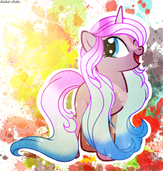 Size: 3021x3190 | Tagged: safe, artist:asika-aida, oc, oc only, oc:pallete, pony, unicorn, commission, cute, female, gradient mane, long mane, looking back, mare, one eye closed, open mouth, smiling, solo, wink