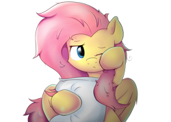 Size: 1023x731 | Tagged: safe, artist:ando, artist:psychotheone, fluttershy, pegasus, pony, messy mane, morning ponies, pillow, simple background, solo, transparent background