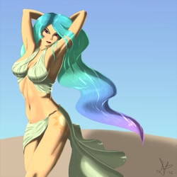 Size: 1500x1500 | Tagged: safe, artist:deilan12, princess celestia, human, arm behind head, armpits, belly button, breasts, cleavage, cutie mark on human, female, humanized, loincloth, midriff, sexy, solo, stupid sexy celestia