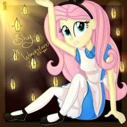 Size: 3000x3000 | Tagged: safe, artist:pfdanonrain99, fluttershy, equestria girls, alice in wonderland, clothes, costume, crossover, dress, female, giantess, growth, macro, mary janes, pantyhose, pinafore, skirt, solo, stockings
